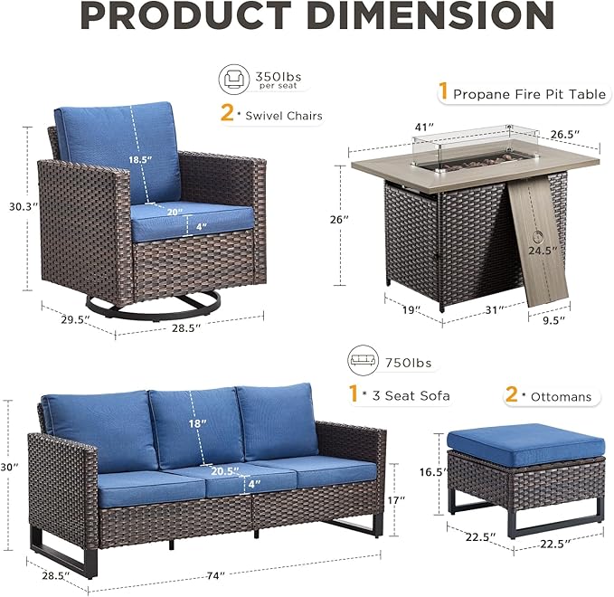Patio Furniture Set with Fire Pit Table-6 Pieces All Weather Outdoor Swivel Chairs Set of 2 with Patio Sofa and Ottomans, Patio Conversation Sets for Porch Deck Garden Backyard(Brown/Blue)