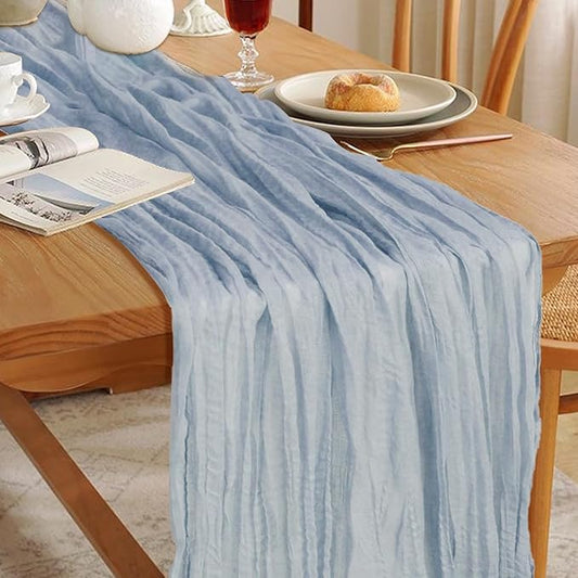 Le courant 10Ft Cheesecloth Table Runner, Rustic Boho Gauze Cheese Cloth Runner Table Runner for Weddings Bridal Baby Shower Birthday Holiday Parties Home Decor, Dusty Blue