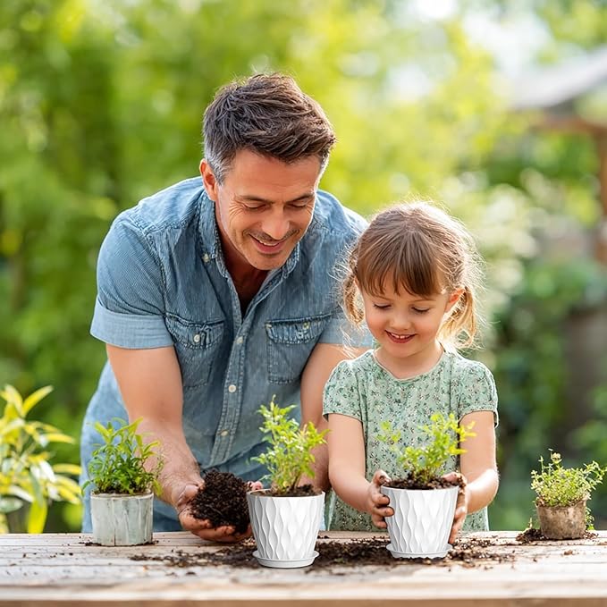 5 inch Plant Pots for Indoor Outdoor Plants, 6 Pack Thick Nursery Pots with Drainage Holes and Saucers, 3D Modern Wave Texture Small Plastic Planter Flower Pots for Succulent, Herb, White
