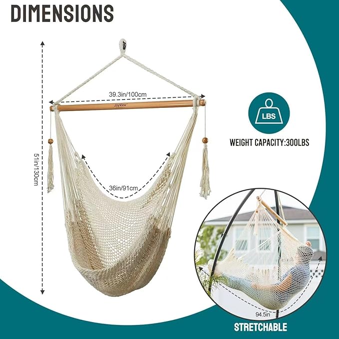 JoyView Hammock Chair with Spreader Bar Caribbean Hammock Swing Chair 300 LBS Weight Capacity XL Rope Hanging Chair for Outdoor Indoor Garden Yard - Natural White