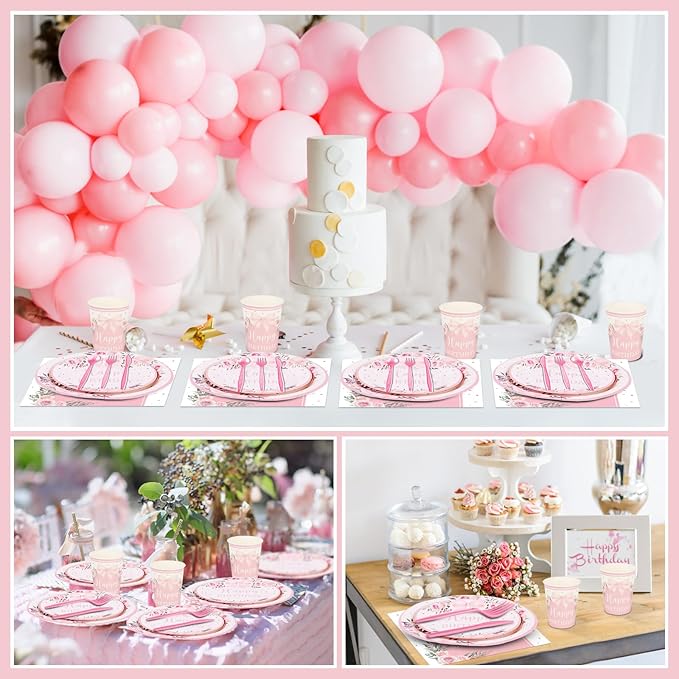 350 Pcs Coquette Pink Bow Happy Birthday Paper Plate Cute Disposable Tableware Set With Knives Fork Napinks for Baby Shower Birthday Party Favor Supplies Decorations Serves 50 Guests