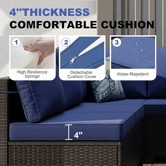 Patio Furniture Set with Fire Pit Table 28", 8-Piece Outdoor Furniture Conversation Set with Cushions, Wicker Sectional Sofa for Porch Garden Backyard, Brown/Blue