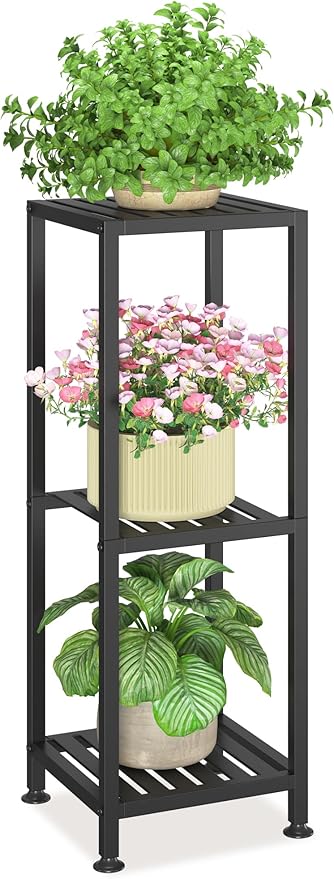 LASZOLA 3 Tier Black Metal Plant Stand Indoor Outdoor for Large Planter, Modern Heavy Duty Tall Rack for Corner House Bathroom Patio Floor, Iron Flower Shelf Holder for Orchid Fern