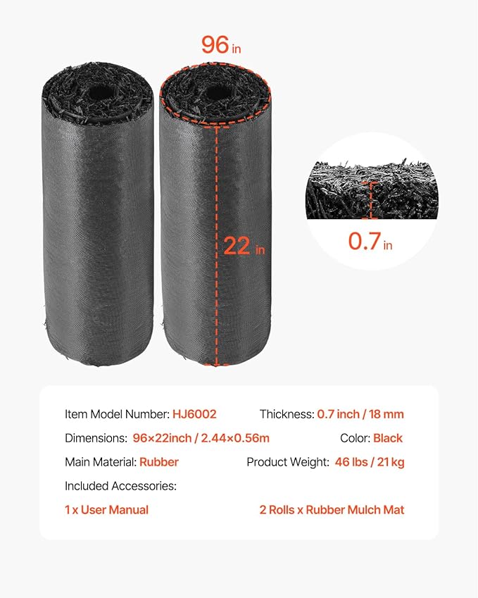 VEVOR 2-Pack Recycled Rubber Mulch Mat Roll,Permanent Mulch Walkway Pathway,Garden Edging Border for Plants, Vegetables & Flower Garden Barrier, Black Rubber Mulch for Landscaping Outdoor 8' x 2'