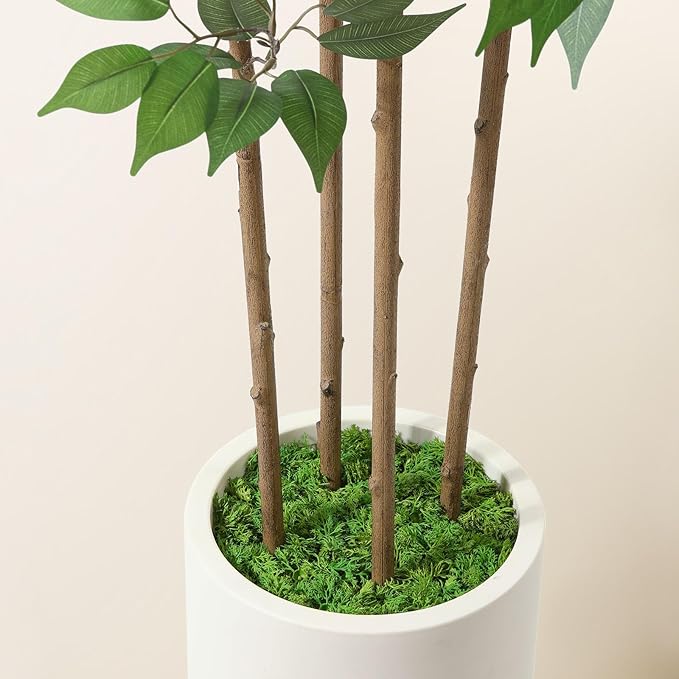 Ficus Artificial Tree 7ft Fake Silk Plant for Home Decor Indoor, Faux Tree in White Imitation Ceramic Planter Fake Floor Plant for Living Room and Home Office Corner Indoor Decor, Set of 1