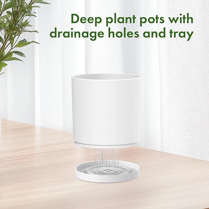 10/8/6 inch Deep Flower Pots, 3 Pack Cylinder Tall Plant Pots for Outdoor Indoor Plants, Large Decorative Plastic Planters with Drainage Holes and Saucers for Garden House Plants, White