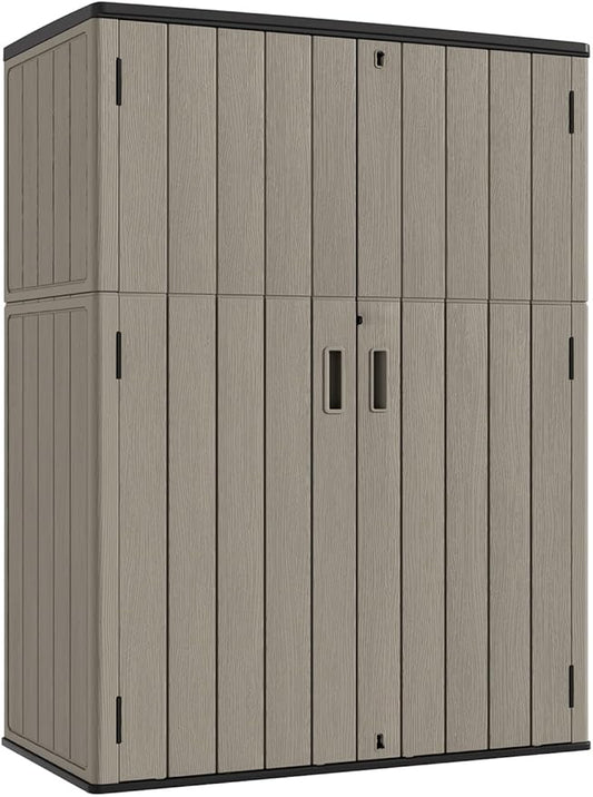 KINYING Outdoor Vertical Storage Shed,57 Cu.ft Outdoor Storage Cabinet Waterproof,Resin Sheds & Outdoor Storage Clearance for Garden,Patio,Backyard,Lockable (Brown)