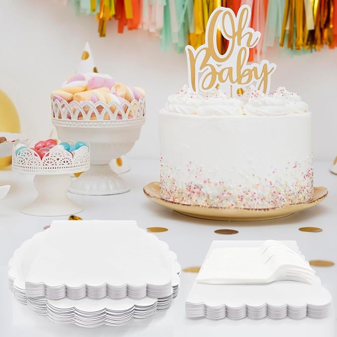 White Paper Plates and Napkins,7 Inch White Scalloped Disposable Dessert Plates Paper Napkin Fork Party Supplies for Wedding Baby Shower Birthday(25 Guest)