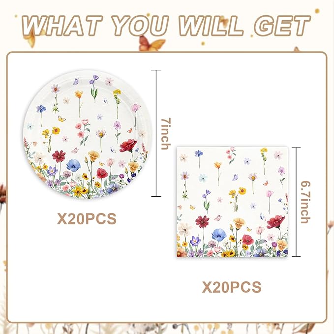 40Pcs Wildflower Party Supplies for 20 Guests - Floral Tableware Plates and Napkins for Kids Baby Shower Fresh Wildflower Dinnerware Birthday Party Decorations