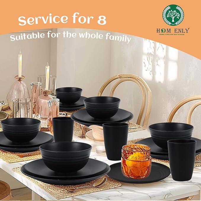Homienly Wheat Straw Dinnerware Set,40-Piece Dish Set for 8, Dinner Plates, Dessert Plate, Cereal Bowls, Cups, Appetizer Plates,Reusable Dinner Plates Kids Plates and Bowls Sets,Black