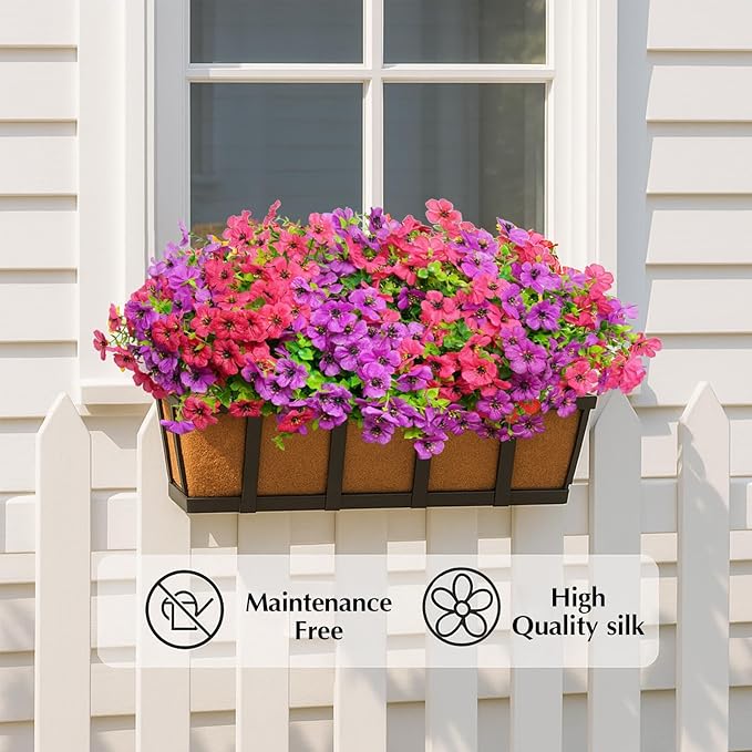 Artificial Flowers for Outdoors, 12 Bundles Outdoor Faux Plants,Uv Resistant Artificial Fake Flowers Plants, Realistic Spring Decor for Porch, Patio, Yard (LightRedPurple)