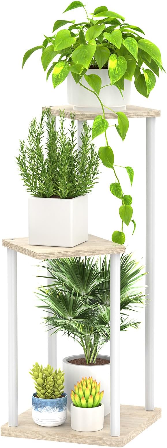 3 Tier Plant Stand Indoor Outdoor, Metal Wood Tiered Corner Plant Stands Pot Holder, Wood Flower Shelf Orchid Display Rack for Living Room Bedroom Balcony Garden Patio, Modern White