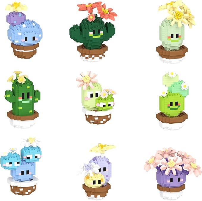 9 Set Mini Cute Cactus Succulent Plants Bonsai Building Toy Potted Plant Blocks Particle Flower Botanical