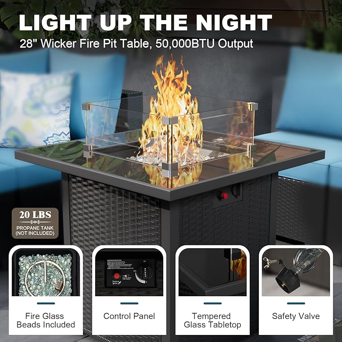 Patio Furniture Set with Fire Pit Table 28", 8-Piece Outdoor Furniture Set with Thick Cushions, Outside Wicker Sectional Sofa for Porch Garden Backyard, Coffee/Peacock Blue