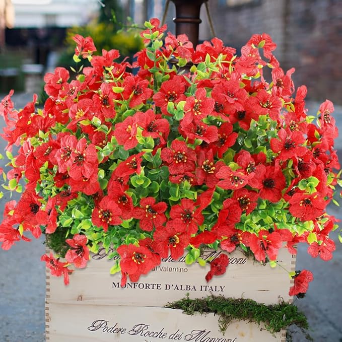 Artificial Fake Flowers Outdoor Spring Summer Decoration, 16 Bundles Faux Eucalyptus Violet Realistic UV Resistant for Outside Home Planter Porch Patio Yard Decor (Red Eucalyptus)