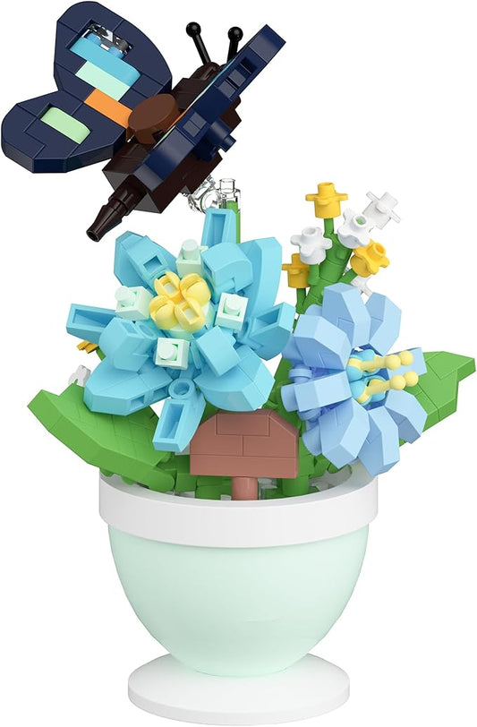 Dark Blue Butterfly Flower Mini Flower Cute Insects Potted Plant Bonsai Building Toy Blocks Particle Set Small Flowers Botanical