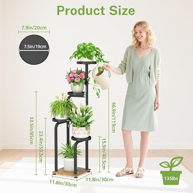 iDavosic.ly Tall Plant Stand Indoor, 4 Tier Corner Multiple Flower Holder Shelf with Metal Trays, Space Saving Display Rack for Living Room Balcony Patio Porch Outdoor | Black & Brown