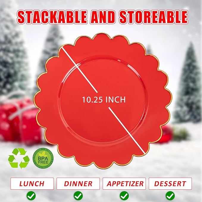 SUT 72 Pcs Red Plates Disposable, Red Plastic Plates With Gold Trim, 10.25 Inch Red Dinner Plates, Fancy Plastic Plates, Plates Disposable Heavy Duty for Wedding, Parties, Banquets