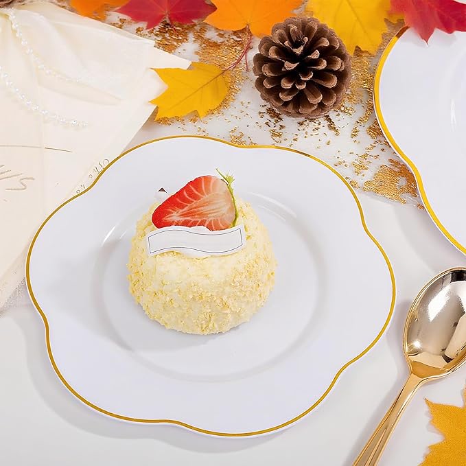 Liacere 50PCS White Plastic Plates - Heavy Duty Disposable - White and Gold Plastic Plates Include 25PCS 7inch and 10inch plates for Party & Baby Shower Gifts & Fall Decor & Thanksgiving