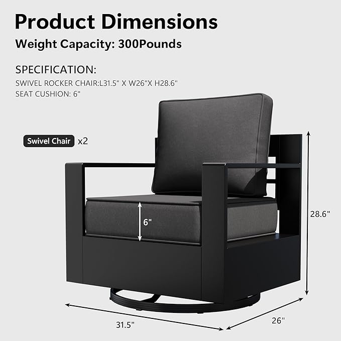 Aluminum Outdoor Swivel Rocker Patio Chairs Set of 2, All-Weather Metal Outdoor Chair with 6 Inch Thick Cushions, Deep Setting for Garden, Outside and Porch
