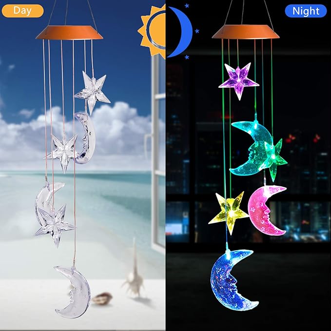 LED Solar Moon and Star Wind Chimes Outdoor - Waterproof Solar Mobile Romantic Changing Color Stars and Moon Wind Chimes Light Decor for Home, Gifts For Mom, Balcony, Festival, Night Garden Decoration