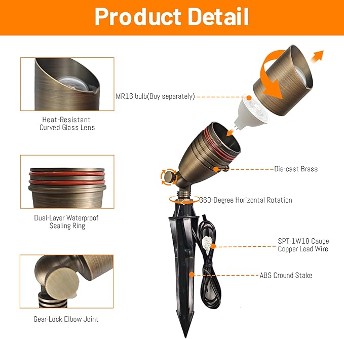 ZONEGRACE Low Voltage Brass Landscape Lights, Heavy-Duty Waterproof 12 Volt Landscape Lighting Bronze with Connectors, Copper Led Uplights & Spotlights, MR16 Bulb Not Included (Classic, 12 Pack)