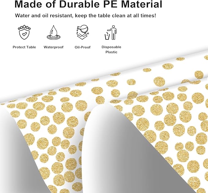 3 Pack White and Gold Dot Tablecloth, White Plastic Table Cloths for Parties Disposable, 54x108in Waterproof Rectangular Camping Tablecloth for Birthday Party Picnic Baby Shower