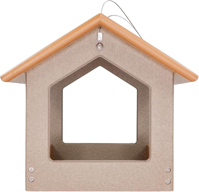 DutchCrafters Amish USA Made Recycled Plastic Large Hanging Modern Fly Through Covered Roof Open Platform Tray Bird Feeder for Outdoors, Garden, Yard (Cedar & Weatherwood)