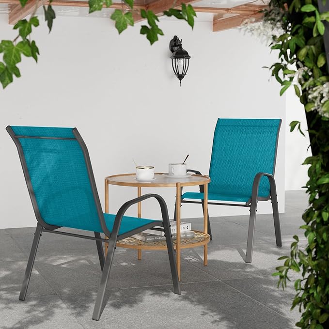 Patio Dining Chairs Set of 4, Stackable Dining Chairs High Back, Breathable Seat Fabric and Alloy Steel Frame Fit Backyard, Porch, Lawn，Poolside (Sky Blue)