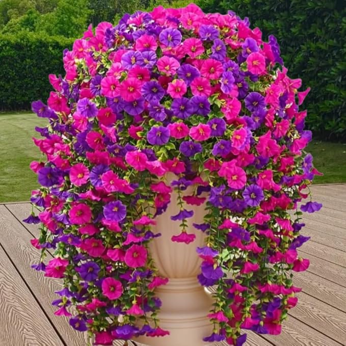 4PCS Artificial Hanging Flowers for Outdoor Decor UV Resistant Fake Morning Glory Realistic Silk Spring Summer Hanging Plants for Porch Patio Balcony Yard (Double Purple)