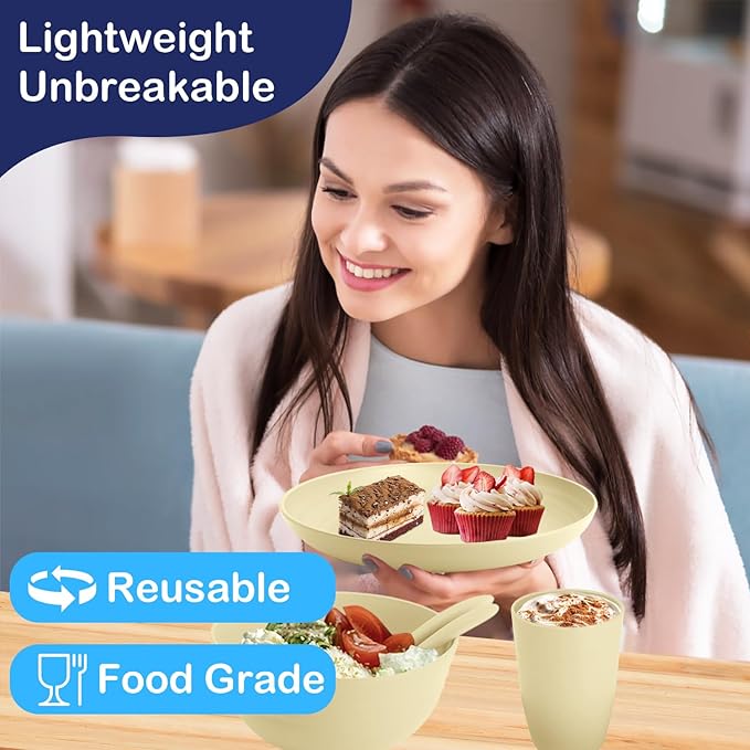 Kitchen Wheat Straw Dinnerware Sets for 4, Unbreakable Dish Set 20-Piece - Dinner Plate/Cereal Bowl/Cup/Fork/Spoon, for Outdoor Camping, RV, Apartment Essentials - Beige