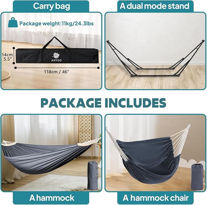 Anyoo 2 in 1 Hammock and Swinging Chair with Collapsible Steel Stand & Carrying Case,Portable & Adjustable,Easy Set Up for Outdoor,Indoor,Porch Swing,Patio,Garden,Camping Trip