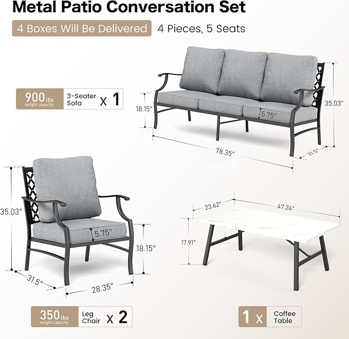 4 Piece Metal Outdoor Patio Furniture Sets, Patio Conversation Sets 1 3-seater Sofa, 2 Fixed Chair with 5.75" Extra Thick Cushion and Coffee Table, Black Frame Backyard Furniture, Gray