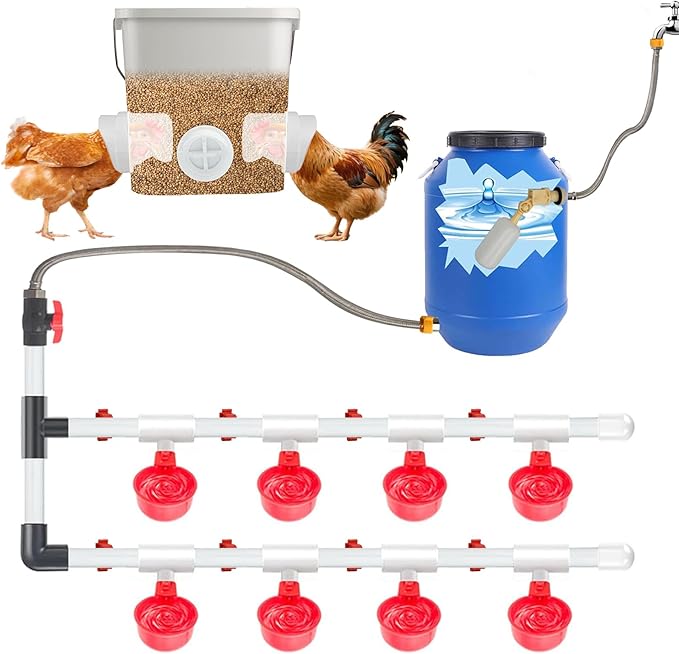 28 Accessories Complete Set Pipeline Automatic DIY Chicken Waterer Feeder System,with Chicken Water Cups, Poultry Feeder,Ports Hole Saw,PVC Pipeline,Float Valve and Garden Hose,Glue,Tape.