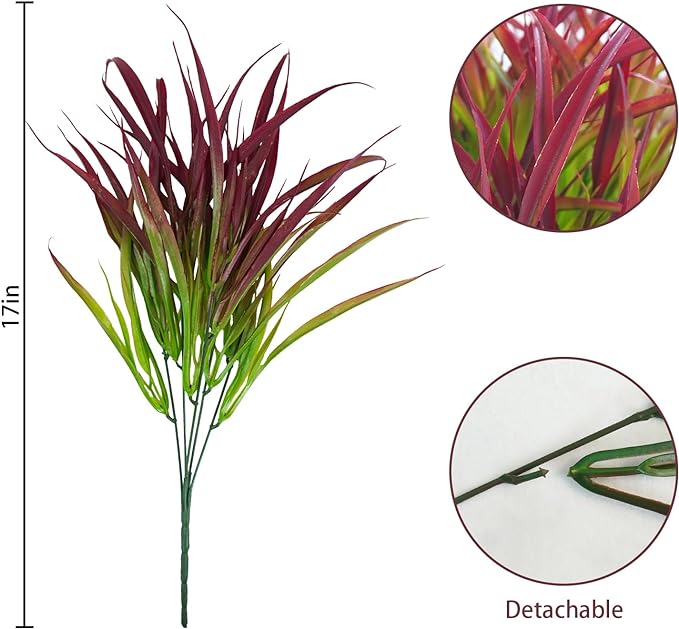 Uieke 12 Bundles Artificial Outdoor Plants UV Resistant Fake Grass Plants Faux Plastic Plants Greenery Shrubs for Home Garden Pathway Window Box Front Porch Spring Summer Decor, Deep Red