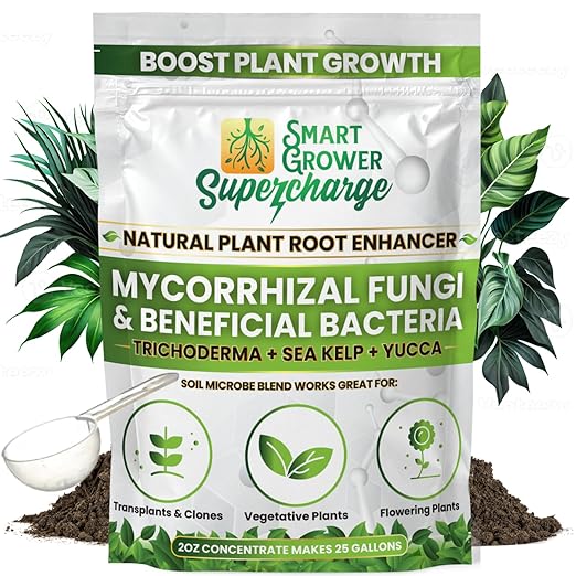 Mycorrhizal Fungi with Beneficial Bacteria, Trichoderma, Sea Kelp, Molasses, Yucca, Smart Grower Supercharge Plant Root Enhancer 2oz Super Concentrate Powder Makes 25 Gallons