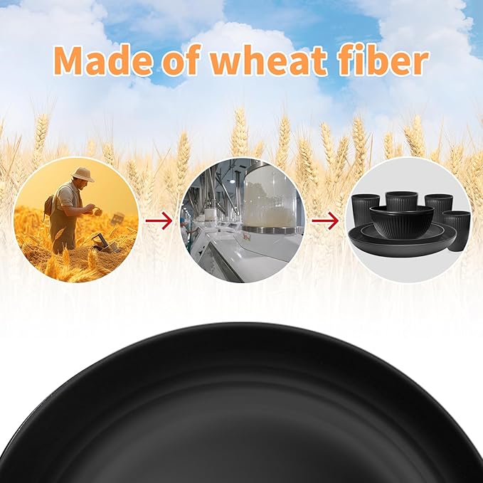 Wheat Straw Dishes Set for 4, Dinnerware Sets 16 piece, Unbreakable Plates, Bowls, Cups Sets for Kitchen Parties Camping RV - Black