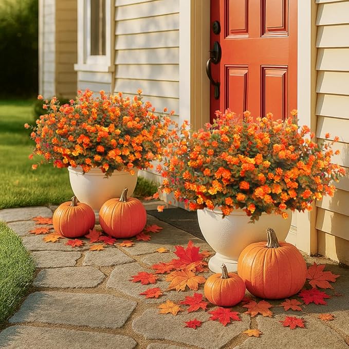 Artificial Mums for Outdoors, 12 Bundles Faux Mums for Outdoor Fall Planters,Uv Resistant Eucalyptus Artificial Fake Flowers Plants, Realistic Fall Decor for Porch, Patio, Yard (Fall Orange)