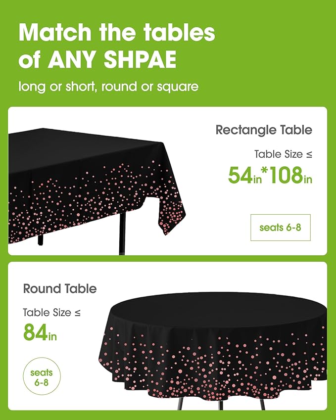 Pureegg Plastic Table Cloth Disposable 8 Pack, 54 x 108 Inch Table Cloths, Graduation Decorations of 2025, Graduation Tablecloths, Rectangle, Plastic Cover, Leakproof & Sturdy, Black and Rose Gold