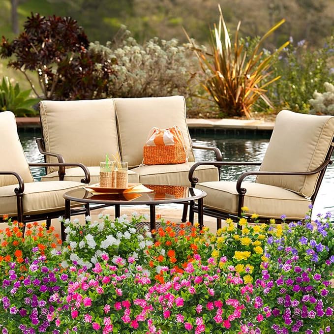 Artificial Flowers, Fake Outdoor UV Resistant Plants Faux Plastic Greenery Shrubs Indoor Outside Hanging Planter Home Kitchen Office Wedding, Garden Decor (Pink)