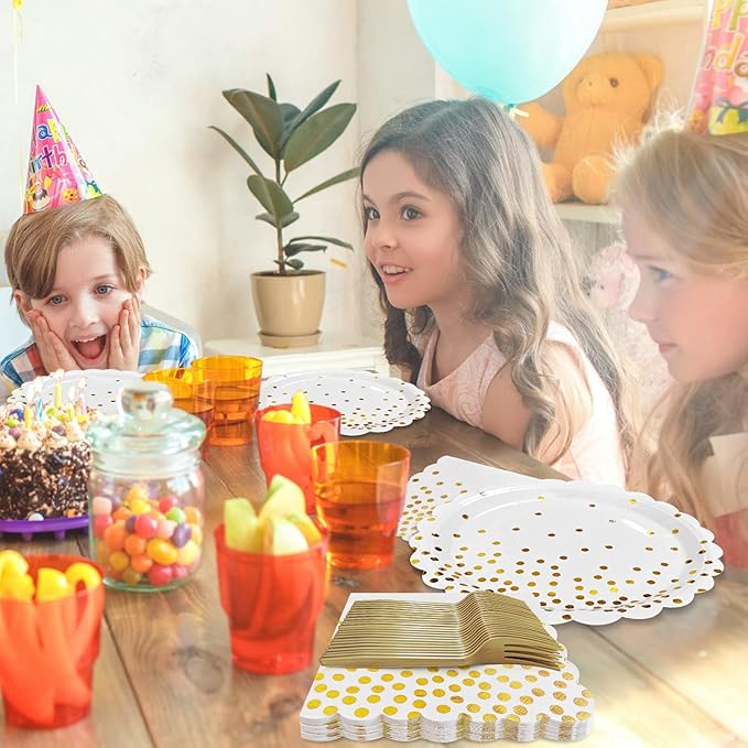 White and Gold Paper Plates and Napkins,7 Inch White and Gold Scalloped Disposable Dessert Plates Paper Napkin Fork Party Supplies for Wedding Baby Shower Birthday(25 Guest)