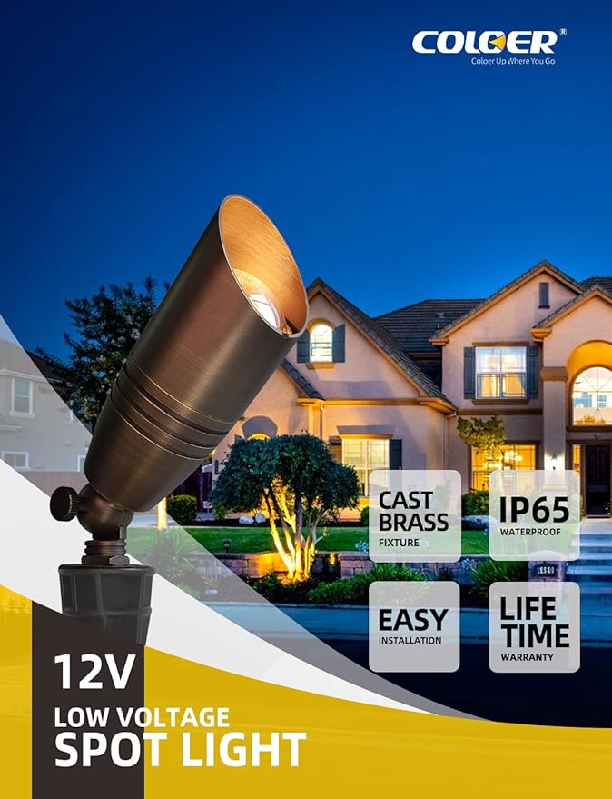 COLOER Die-cast Brass Landscape Spotlights Outdoor, 12V AC/DC Low Voltage Christmas Landscape Lighting Fixture, IP65 Waterproof Garden Patio Trees Directional Spot Uplight(102B,1-Pack Without Bulb)