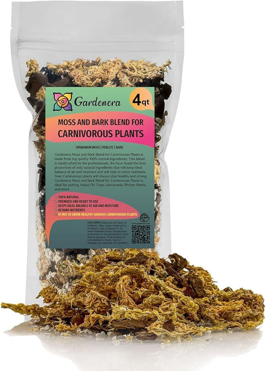 Premium Sphagnum Moss, Perlite and New Zealand Pine Bark Blend for Carnivorous Plants - Perfect for Venus Fly Traps, Pitcher Plants, Sarracenia, Butterworts, and Sundews by GARDENERA - 4 Quart Bag