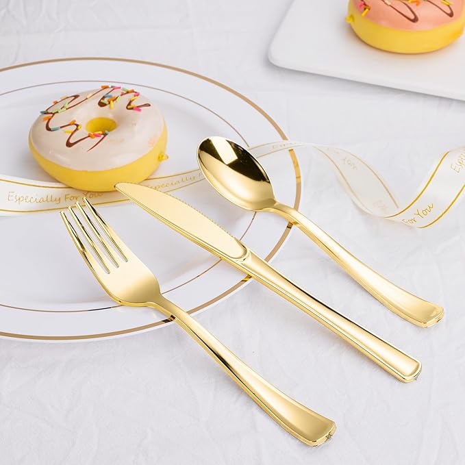 N9R 60PCS Gold Plastic Silverware - Gold Plastic Cutlery Set Disposable Flatware Dinnerware -30 Forks, 15 Spoons, 15 Knives for Party, Thanksgiving, Christmas