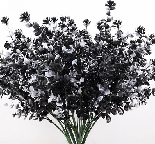Black Artificial Flowers, Fake Outdoor UV Resistant Plants Faux Plastic Greenery Shrubs Indoor Outside Hanging Planter Home Kitchen Office Wedding, Garden Decor (White+Black)