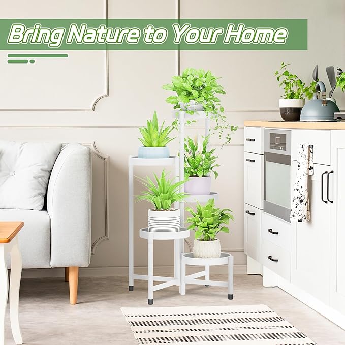 iDavosic.ly Plant Stand Indoor Outdoor, 5 Tier Corner Metal Flower Display Holder Shelf, Folding Tall Orchid Rack for Patio Balcony Porch Garden Living Room House, White