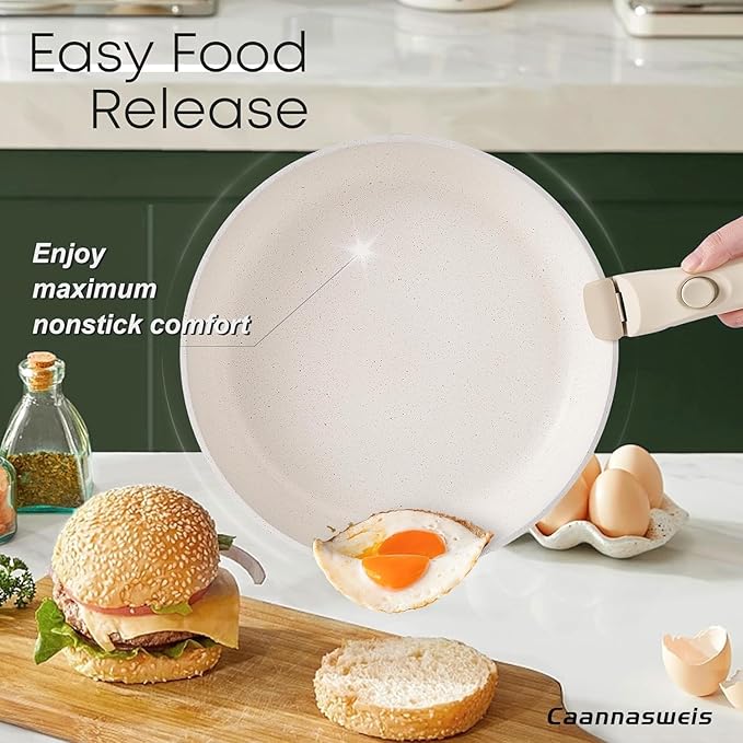 Caannasweis Detachable Nonstick Cookware Set - Stackable Induction Pots and Pans With Removable Handles, Dishwasher Safe - For RV Camping, Oven and Stovetop Use, 5 Pieces (Green)