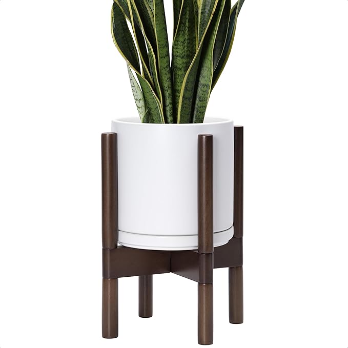 D'vine Dev Ceramic Planter with Walnut Color Stand - 8 Inch Modern Round Flower Pot with Wood Planter Holder, White, 55-B-Y-1