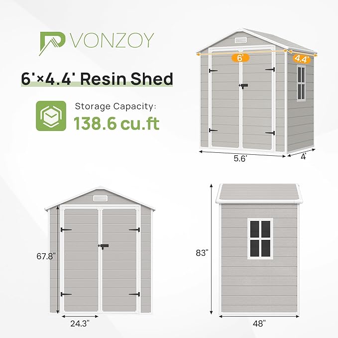 Resin Outdoor Storage Shed with Floor, 6x4.5 FT Plastic Garden Shed, Lockable Door & Window, Waterproof Tool Shed for Bike, Garbage Can, Lawn Mower, Patio Furniture Bedge