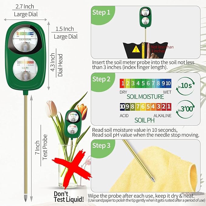 2-in-1 Soil Moisture Meter, Soil PH Meter, Large Dual-Screen Soil PH Tester & Moisture Meter for Plants Indoor&Outdoor Garden,Lawn,Farm Soil Test Kit-No Battery Needed-Avocadogreen